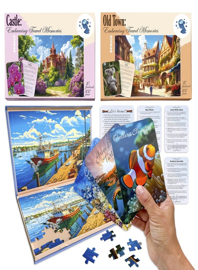QUOKKA 100 Pieces Dementia Puzzles for Elderly - 3SET Large Piece Puzzles for Seniors - 9 Memory Flashcards with Facts I 25 Discussion Prompts per Puzzle - Alzheimer's Activities Products for Elderly - Image 1